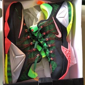 Lebron 12 low. Black. Silver. Green. Size 13